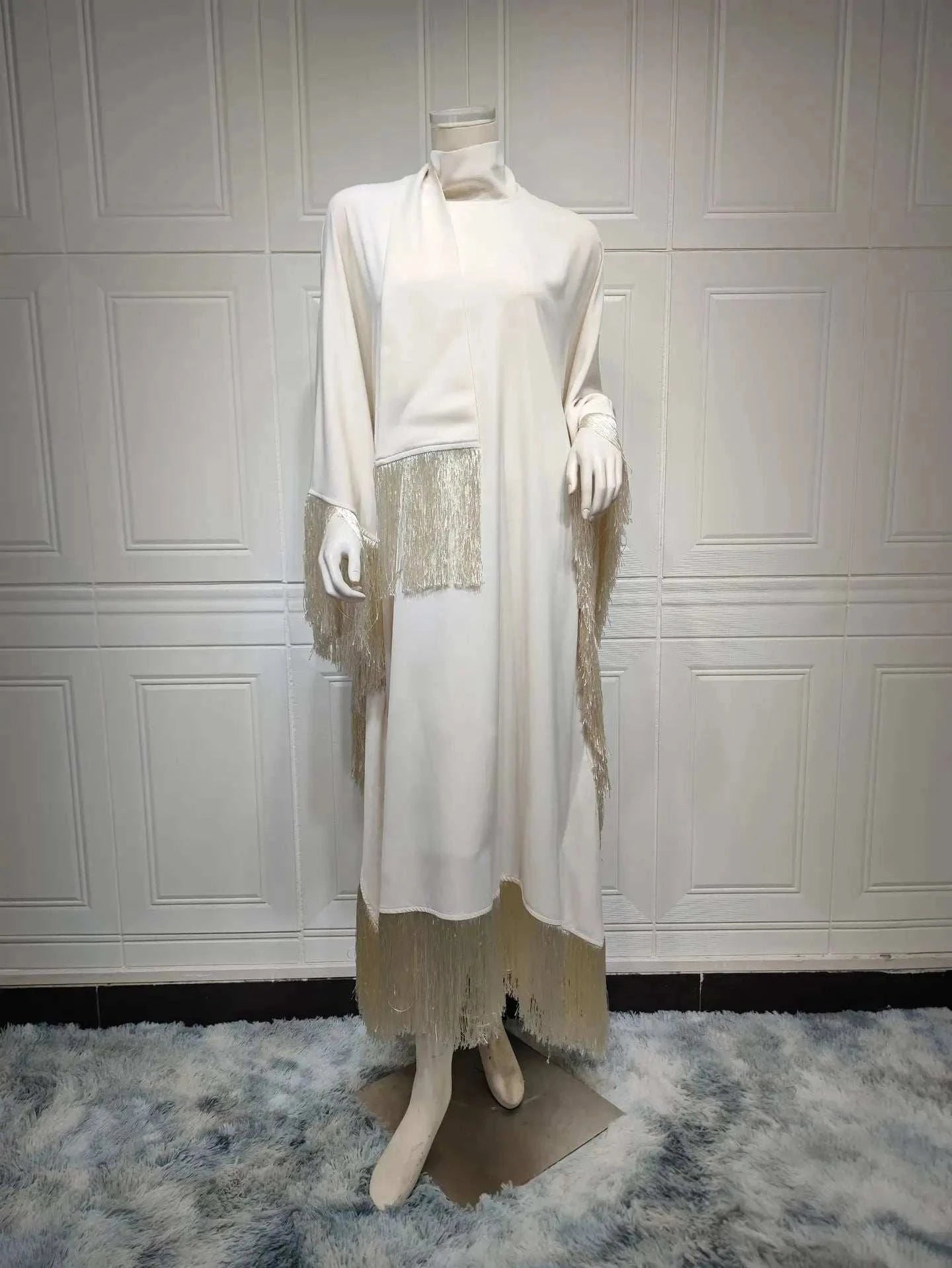 Luxury Tassel Kaftan Abaya – Farasha Butterfly Fringe Maxi -  Apricot -  Abaya Vida