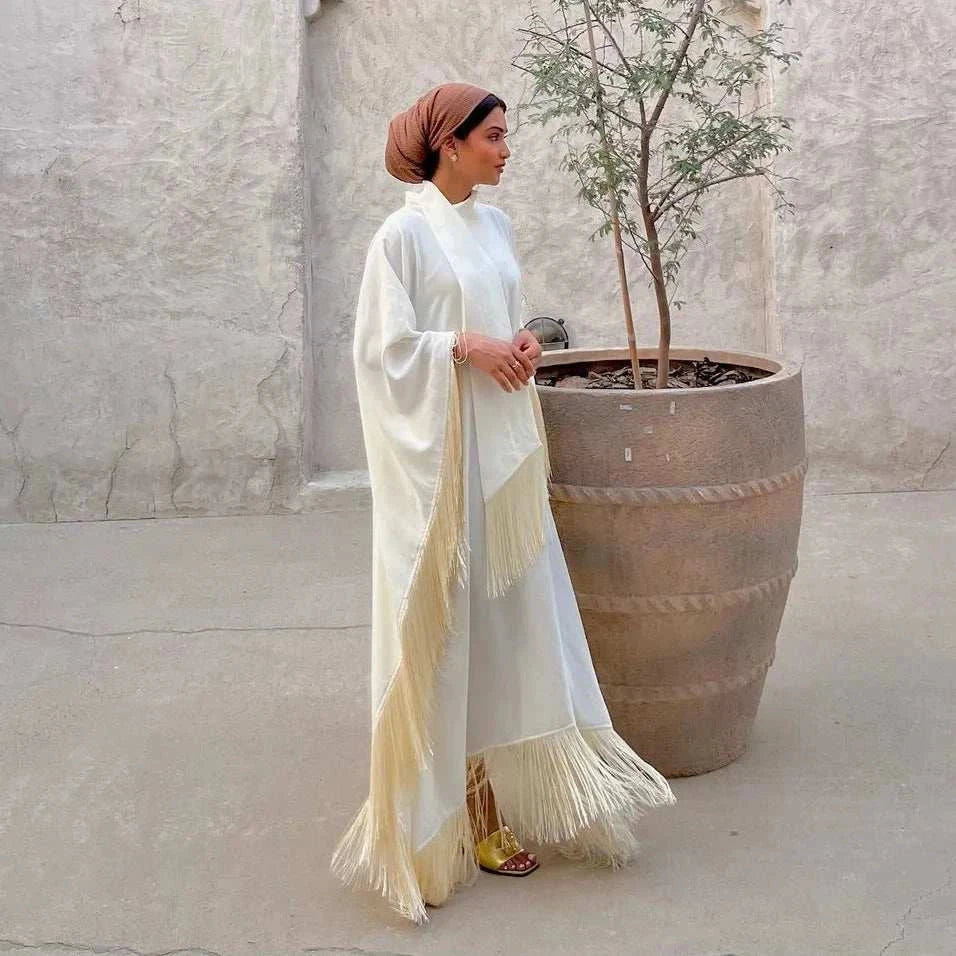 Luxury Tassel Kaftan Abaya – Farasha Butterfly Fringe Maxi -  Apricot -  Abaya Vida