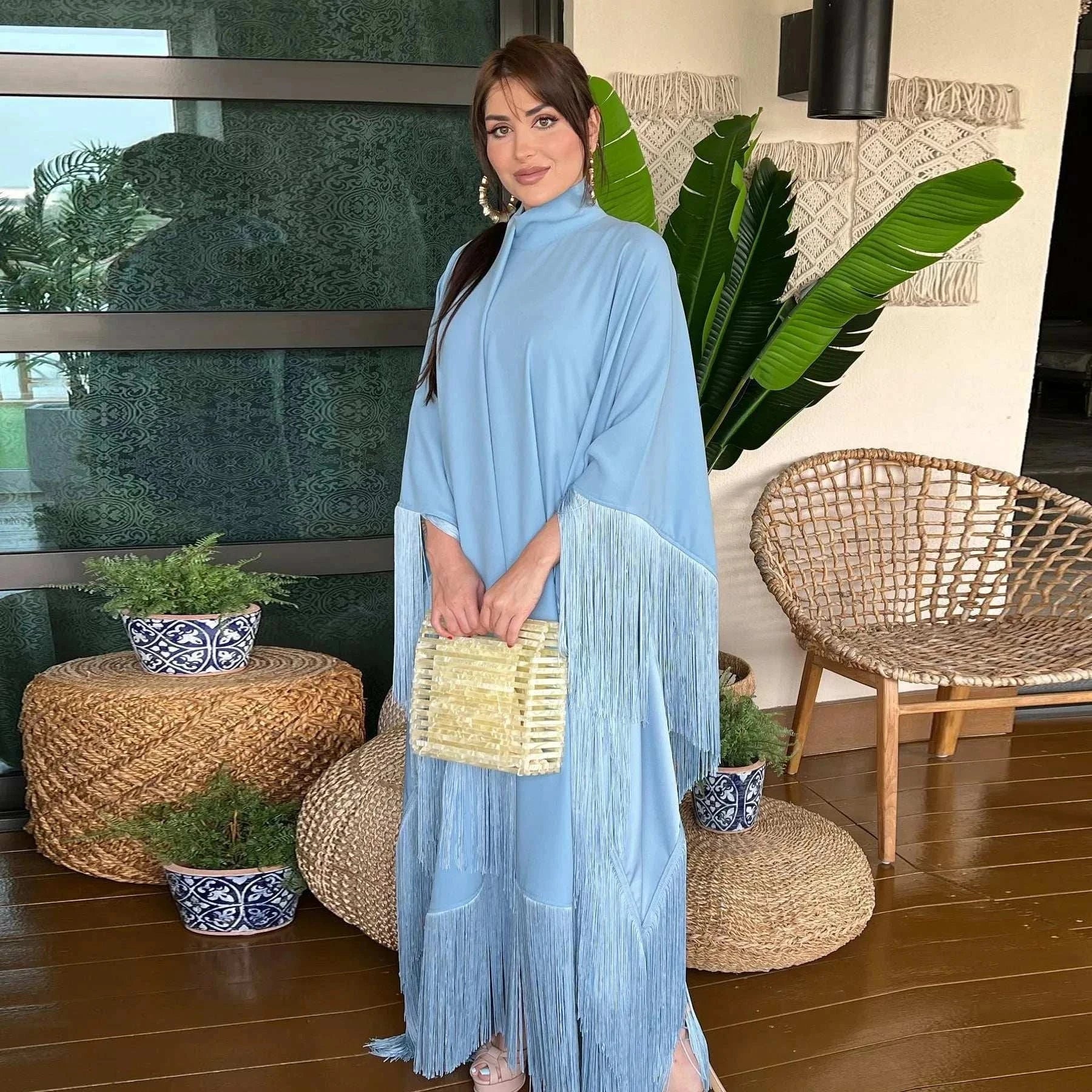 Luxury Tassel Kaftan Abaya – Farasha Butterfly Fringe Maxi -  Apricot -  Abaya Vida