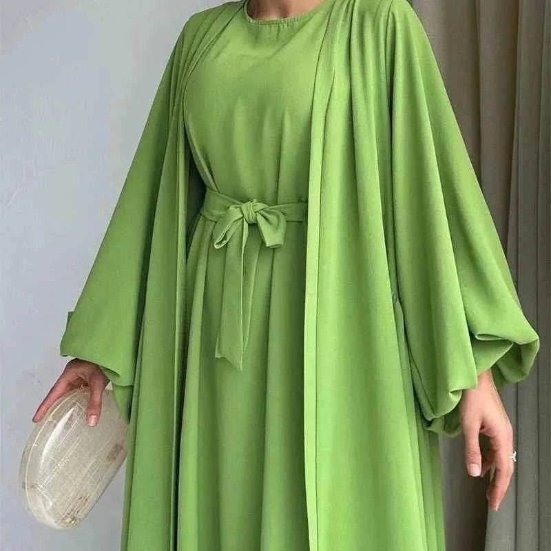 Luxury Two-Piece Modest Set – Open Abaya & Inner Maxi Dress -  Green / S -  Abaya Vida