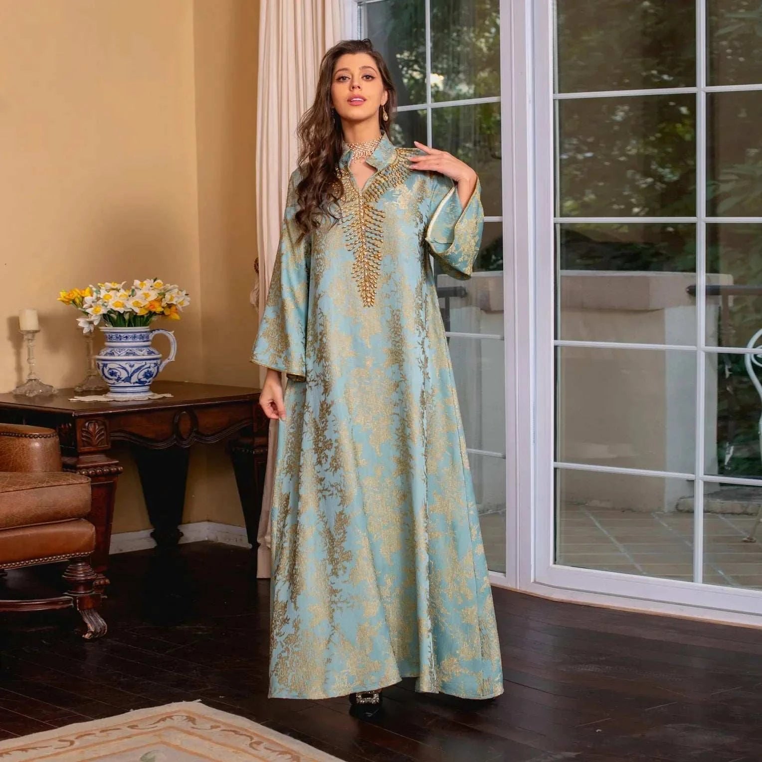 Majestic Embroidered Evening Abaya – Luxury Formal Modest Wear -  Navy / S -  Abaya Vida