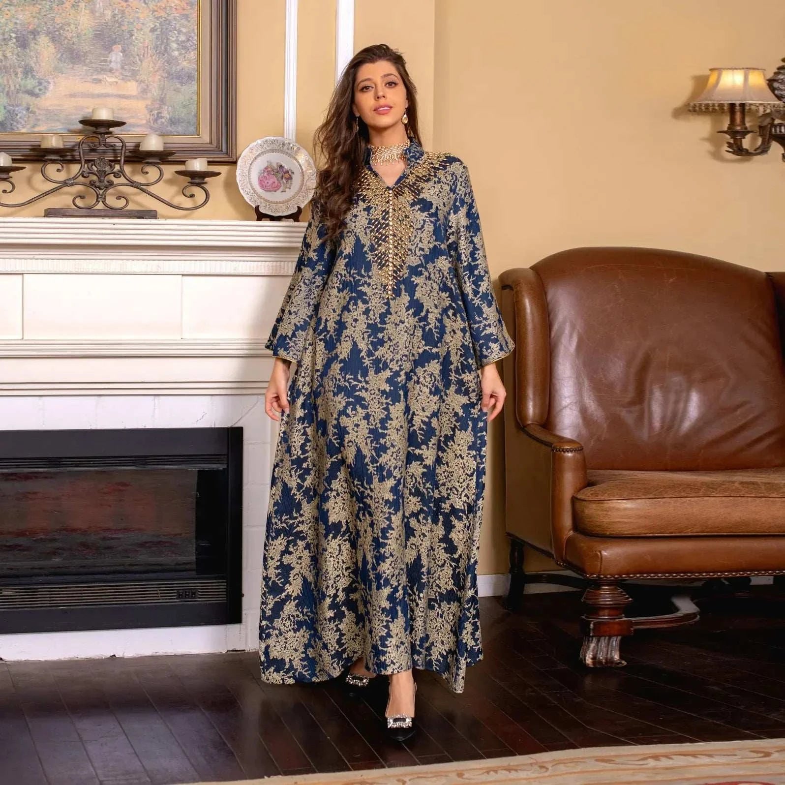 Majestic Embroidered Evening Abaya – Luxury Formal Modest Wear -  Navy / S -  Abaya Vida