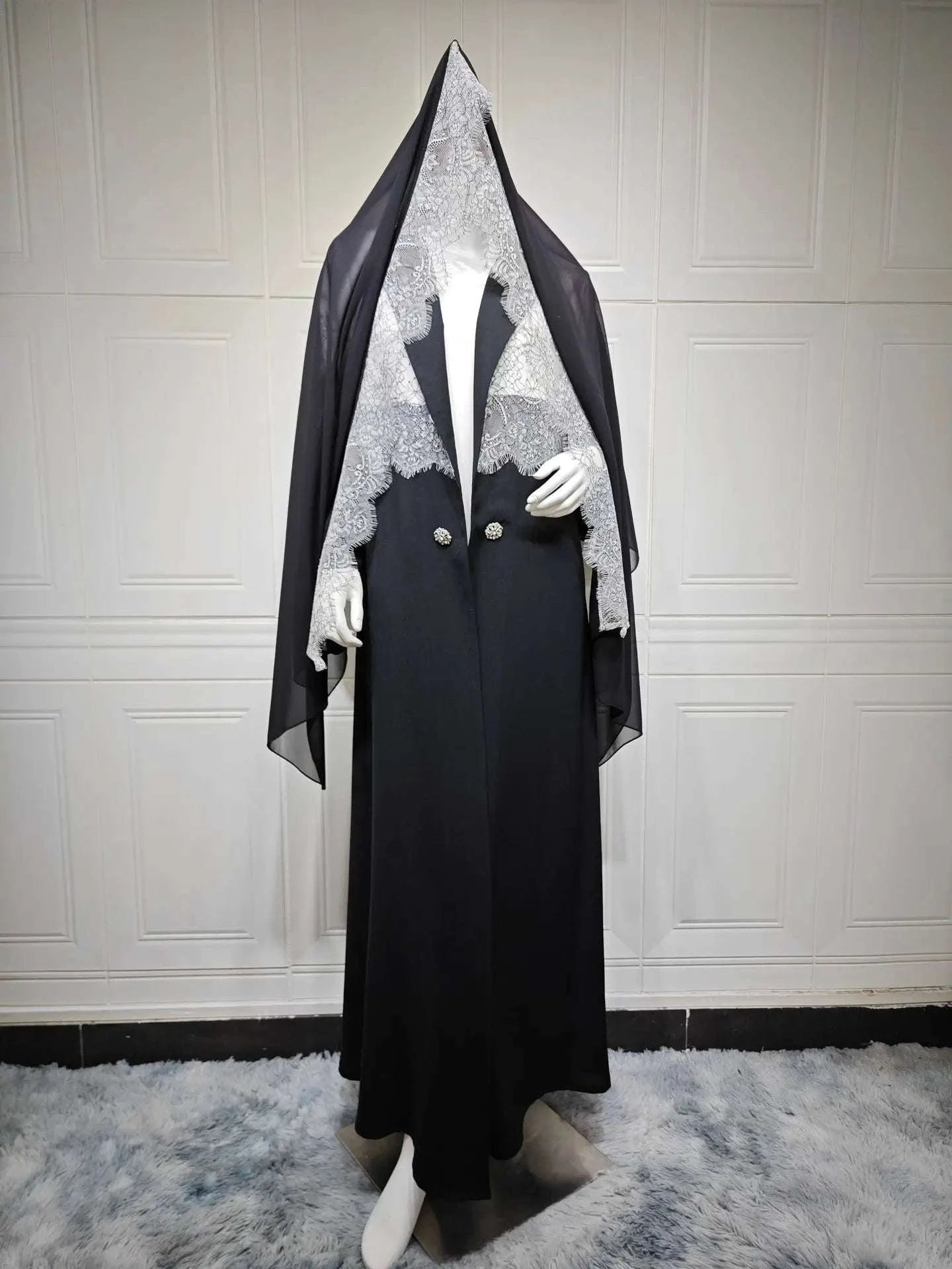 Modest Lace Trim Abaya – Open Front Robe with Lapel Collar -  S -  Abaya Vida
