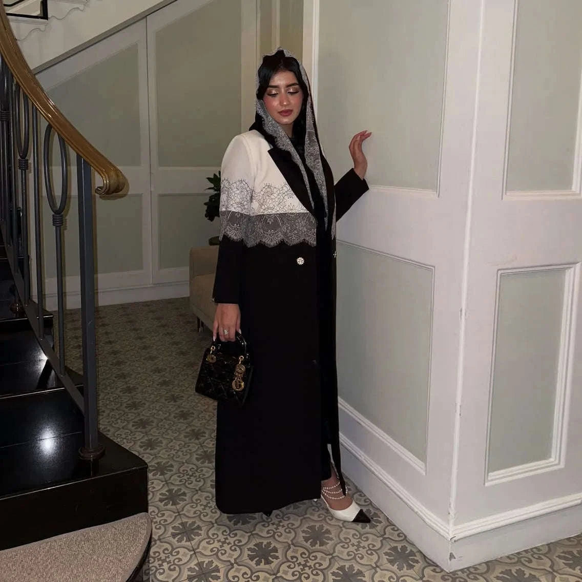 Modest Lace Trim Abaya – Open Front Robe with Lapel Collar -  S -  Abaya Vida