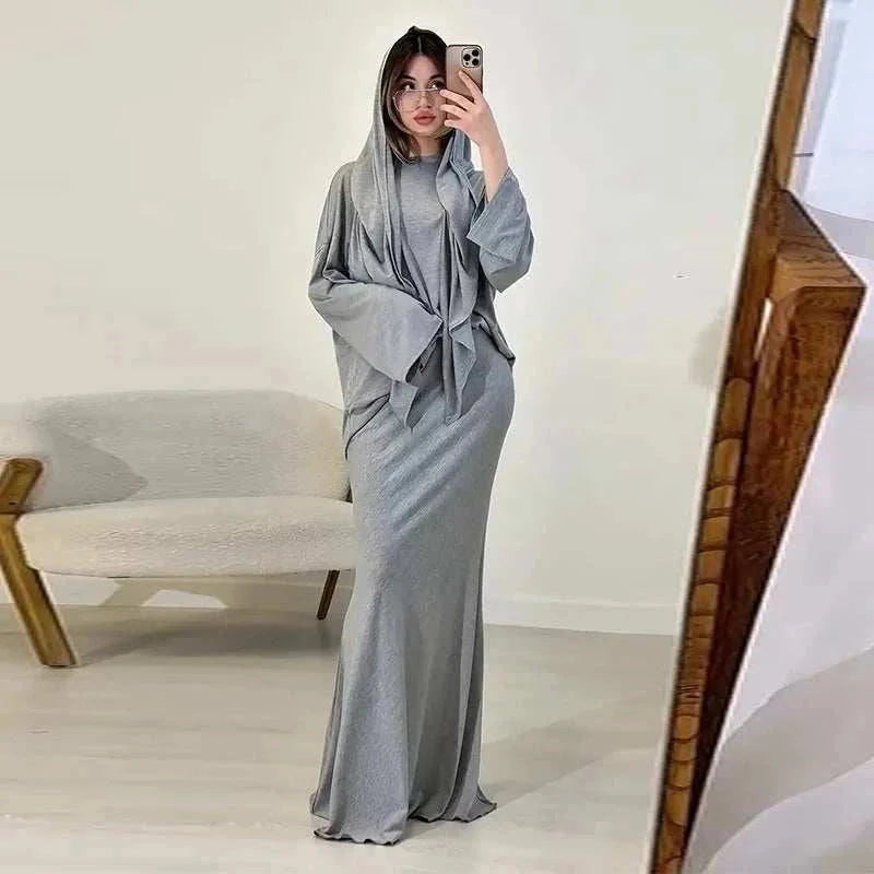 Modest Skirt Suit Set – Elegant 3 Piece Casual Outfit with Hijab -  Gray / XS -  Abaya Vida