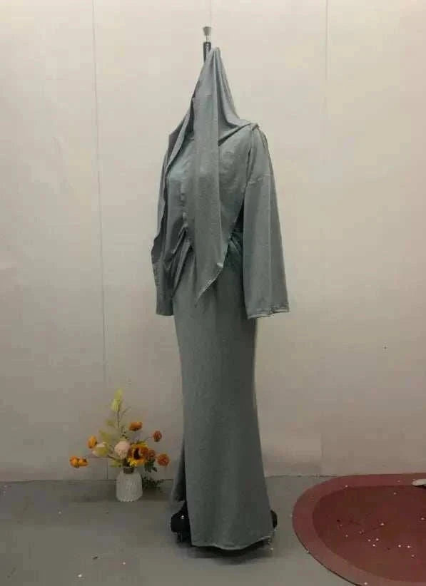 Modest Skirt Suit Set – Elegant 3 Piece Casual Outfit with Hijab -  Gray / XS -  Abaya Vida