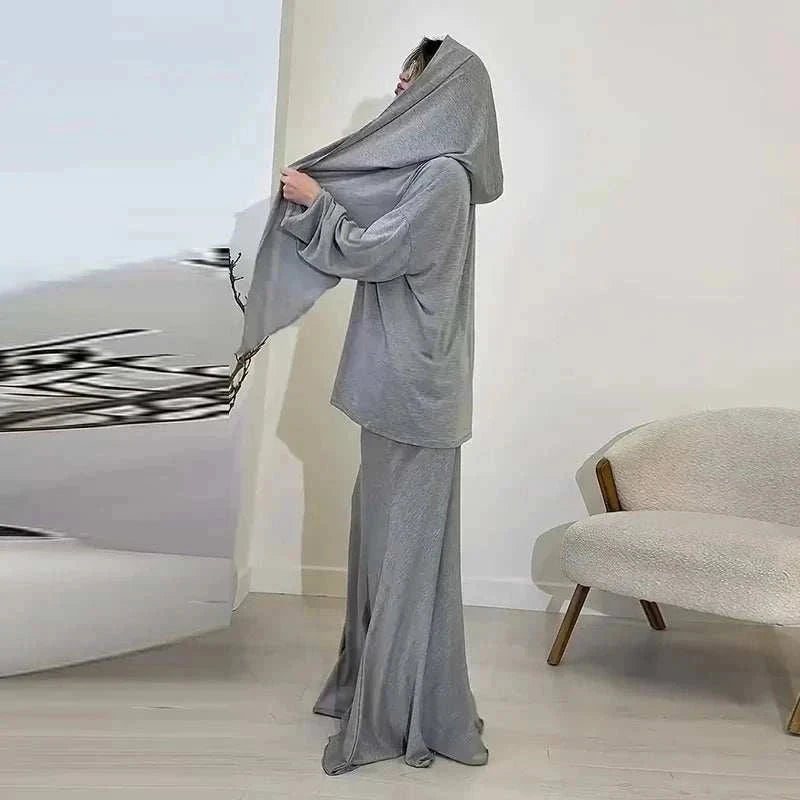Modest Skirt Suit Set – Elegant 3 Piece Casual Outfit with Hijab -  Gray / XS -  Abaya Vida