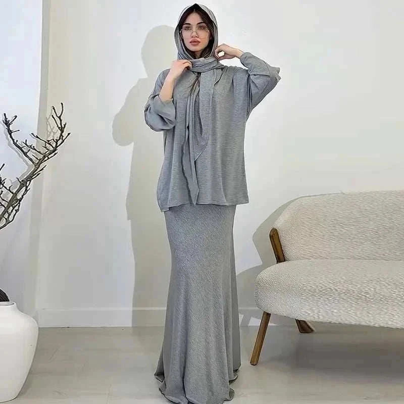 Modest Skirt Suit Set – Elegant 3 Piece Casual Outfit with Hijab -  Gray / XS -  Abaya Vida