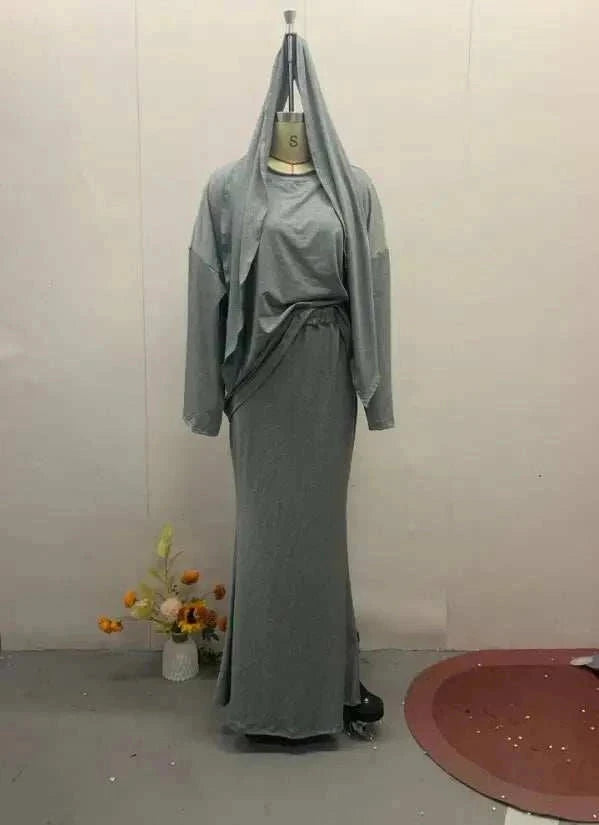 Modest Skirt Suit Set – Elegant 3 Piece Casual Outfit with Hijab -  Gray / XS -  Abaya Vida