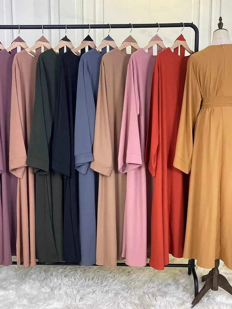 Modest Spandex Maxi Abaya – Belted Loose Fit Closed Abaya -  Gray / S -  Abaya Vida