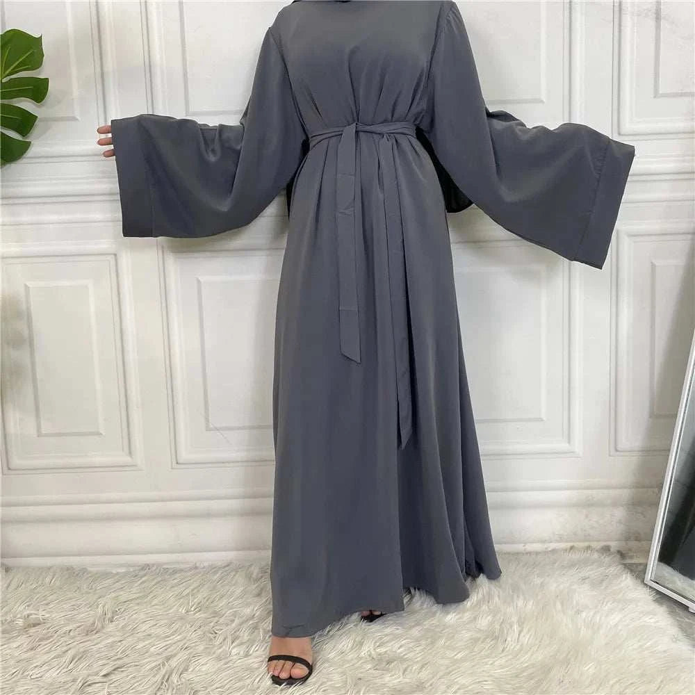 Modest Spandex Maxi Abaya – Belted Loose Fit Closed Abaya -  Gray / S -  Abaya Vida