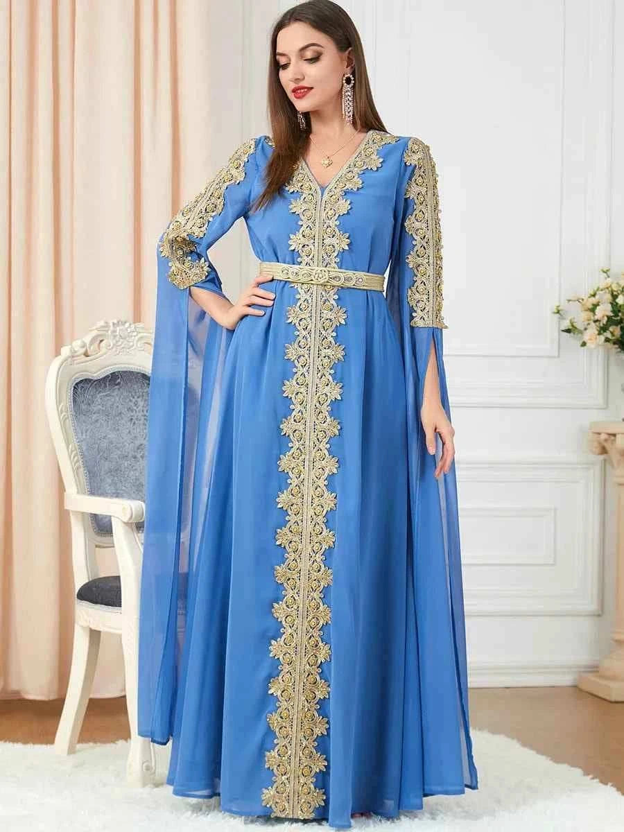 Morocco Ruffle Abaya Dress – Sash Tie Kaftan for Prayer & Eid -  Light Blue / M -  Abaya Vida