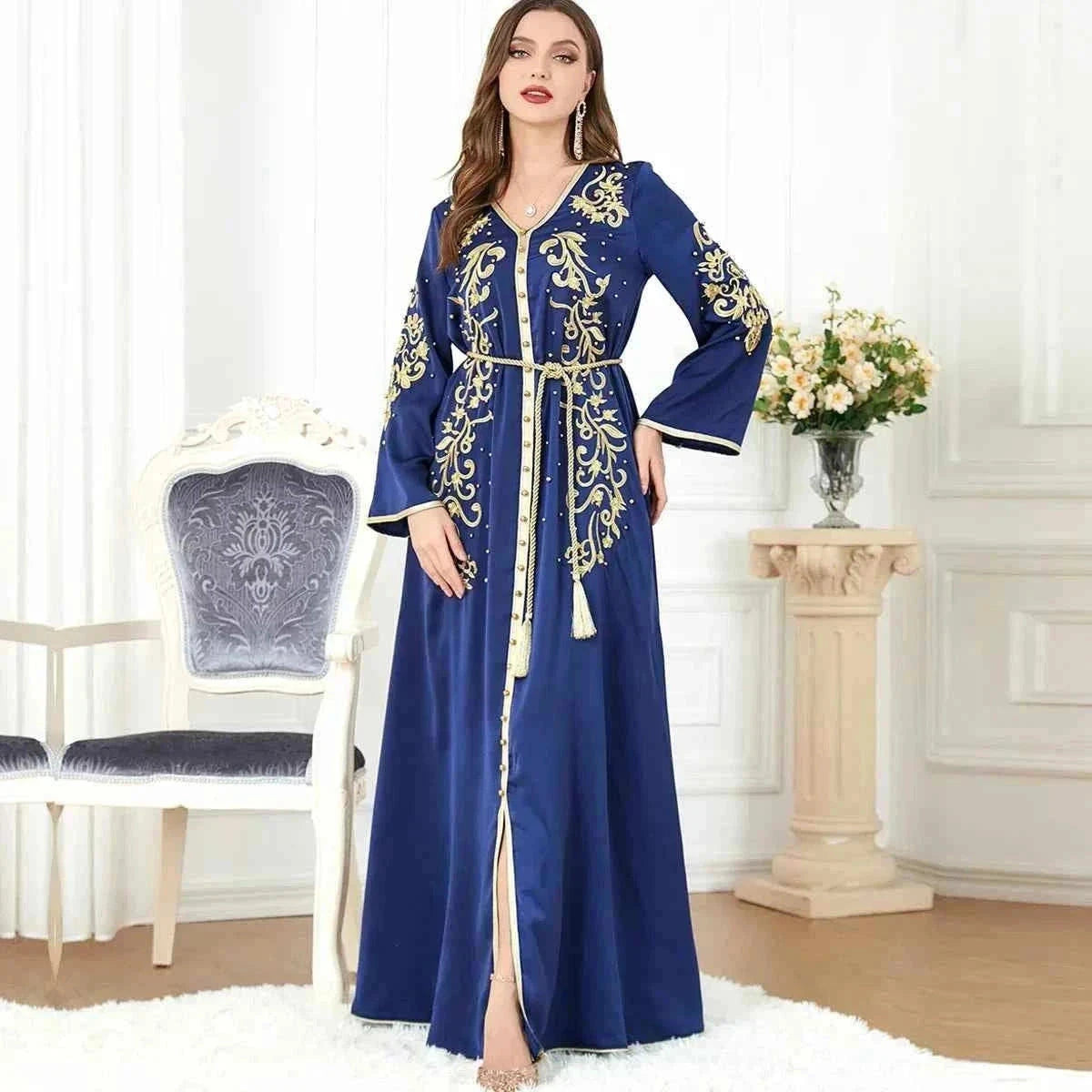 Navy Blue Gold Embroidered Abaya – Luxury Belted Moroccan Kaftan -  M -  Abaya Vida
