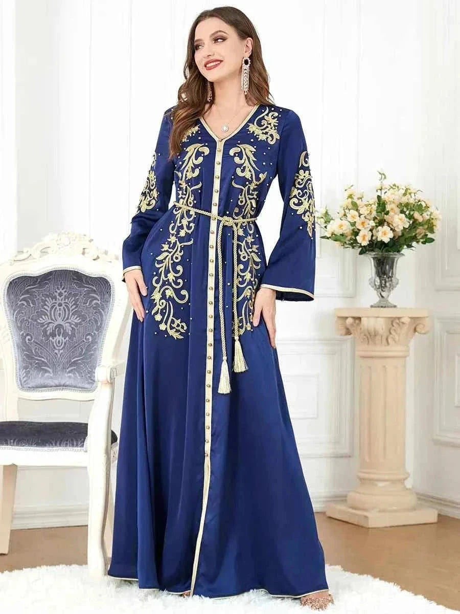 Navy Blue Gold Embroidered Abaya – Luxury Belted Moroccan Kaftan -  M -  Abaya Vida