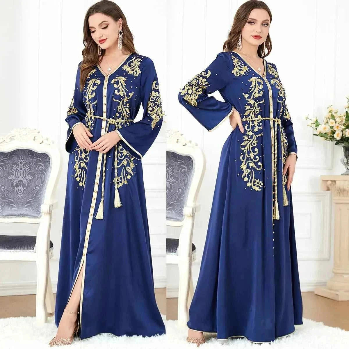 Navy Blue Gold Embroidered Abaya – Luxury Belted Moroccan Kaftan -  M -  Abaya Vida