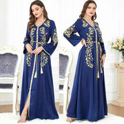 Navy Blue Gold Embroidered Abaya – Luxury Belted Moroccan Kaftan -  M -  Abaya Vida
