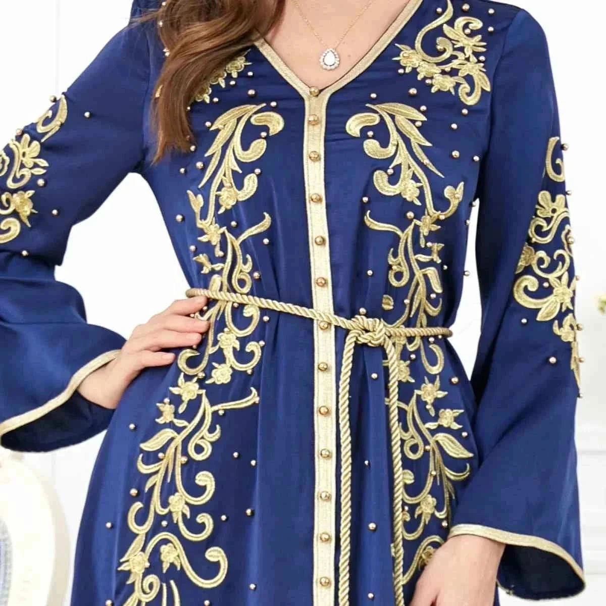 Navy Blue Gold Embroidered Abaya – Luxury Belted Moroccan Kaftan -  M -  Abaya Vida