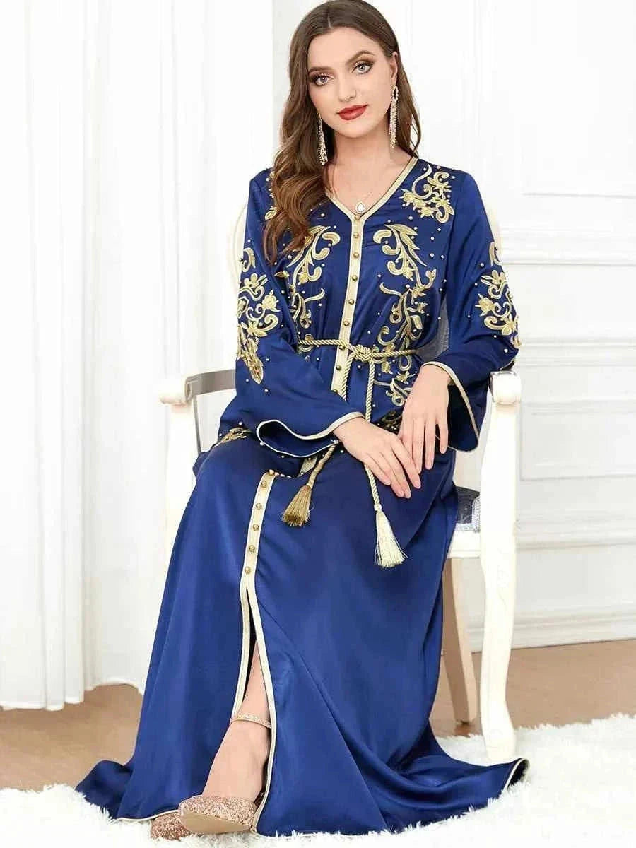 Navy Blue Gold Embroidered Abaya – Luxury Belted Moroccan Kaftan -  M -  Abaya Vida