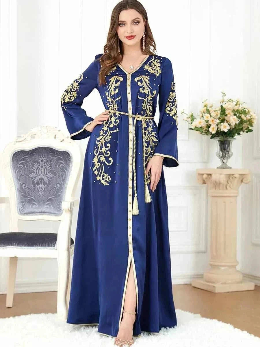 Navy Blue Gold Embroidered Abaya – Luxury Belted Moroccan Kaftan -  M -  Abaya Vida