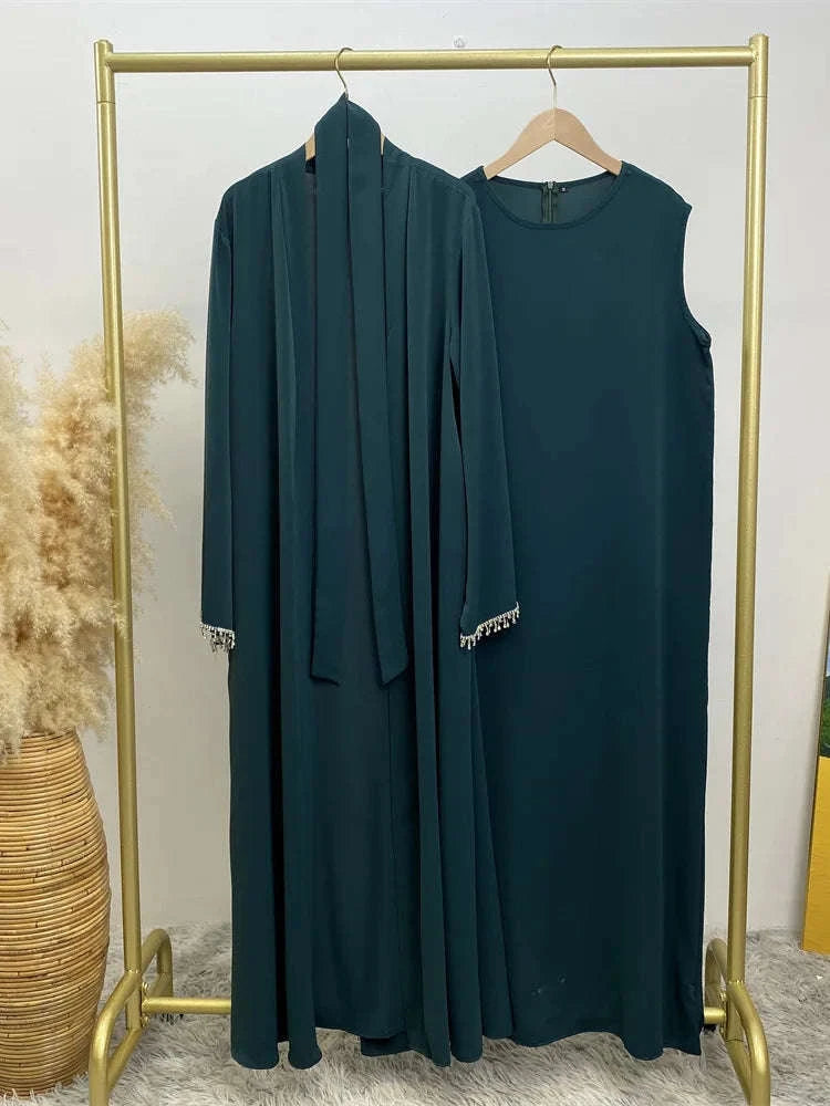 Nida Crystal Chain Evening Set – Cardigan, Dress & Chain -  Teal / XXL -  Abaya Vida