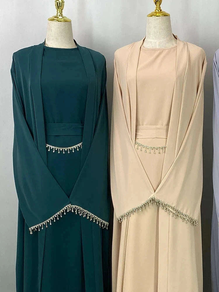 Nida Crystal Chain Evening Set – Cardigan, Dress & Chain -  Teal / XXL -  Abaya Vida