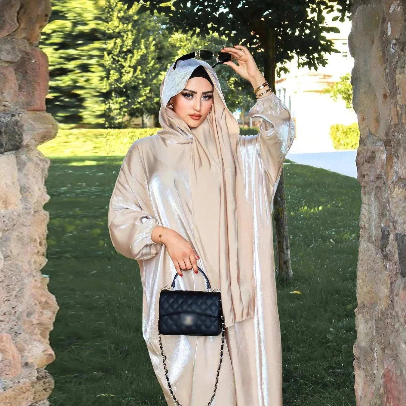 Noor Shimmer Shoulder Abaya – Festive Glitter Abaya -  Apricot -  Abaya Vida