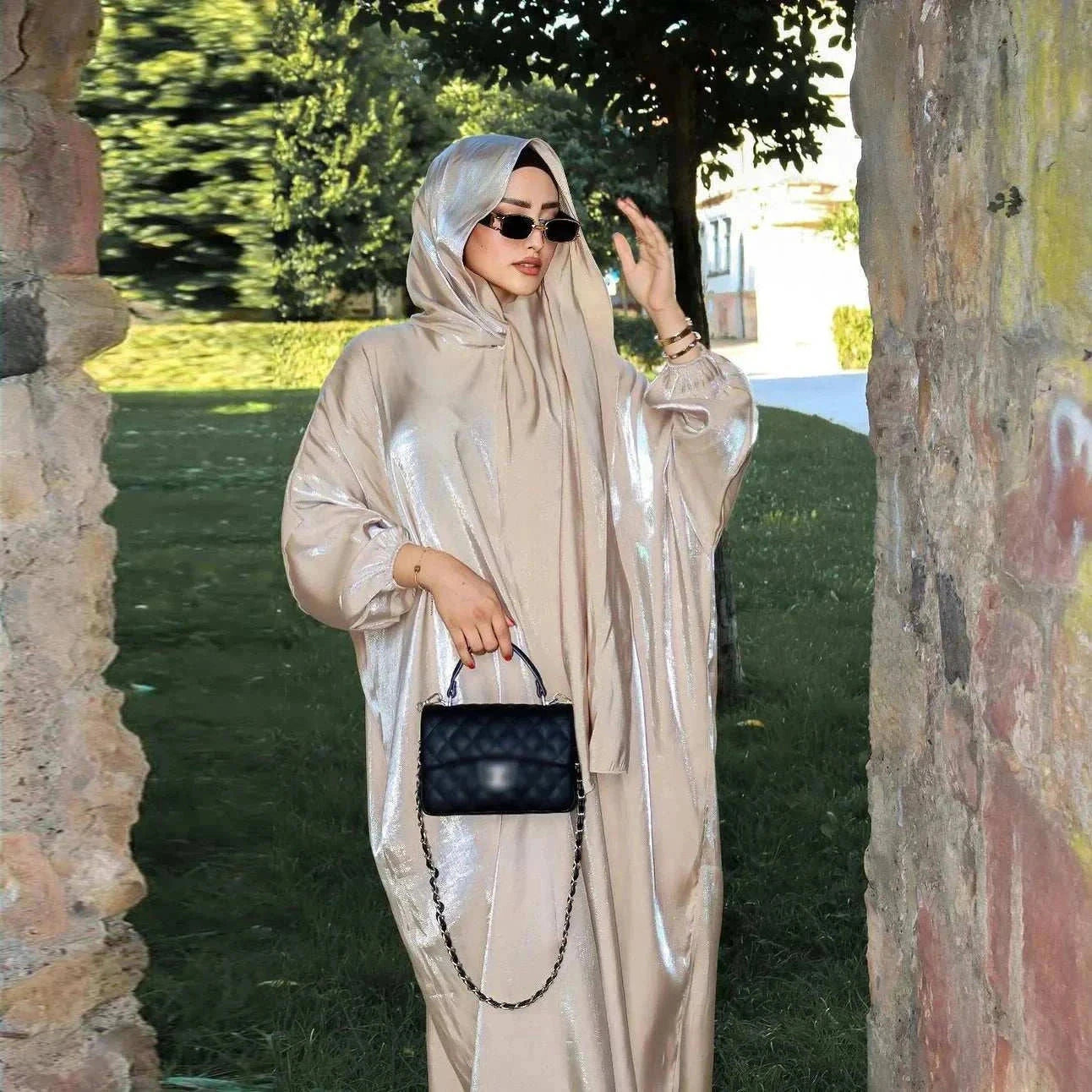 Noor Shimmer Shoulder Abaya – Festive Glitter Abaya -  Apricot -  Abaya Vida