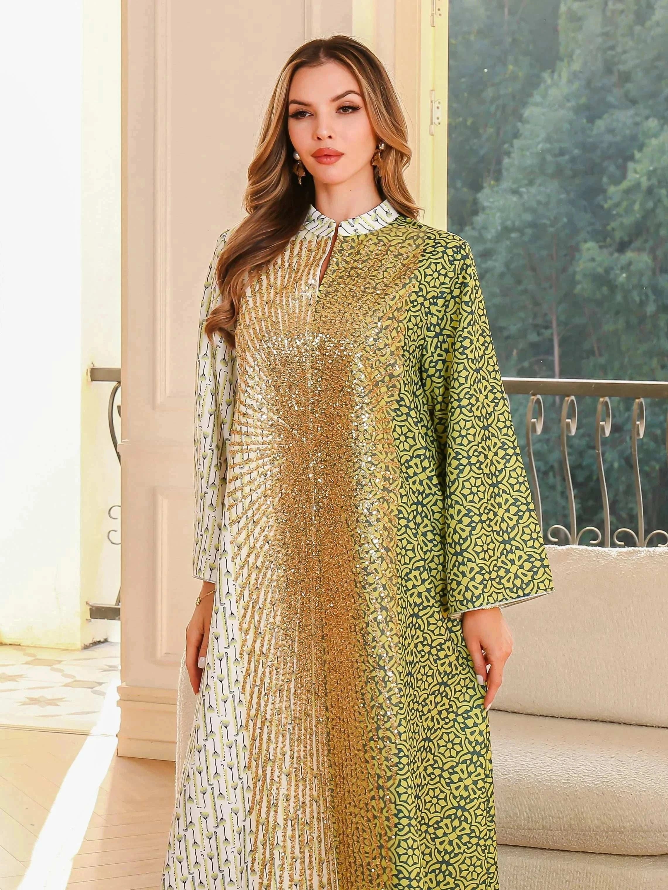 Patchwork Beaded Abaya – Geometric Embroidered Statement Maxi -  M -  Abaya Vida