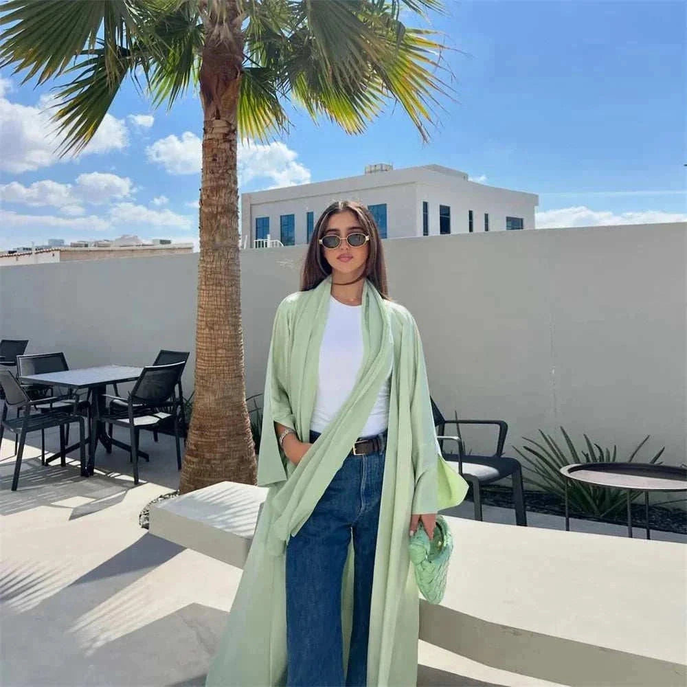 Pearl Satin Abaya – Luxury Open Butterfly Pearl Satin Maxi -  Purple -  Abaya Vida