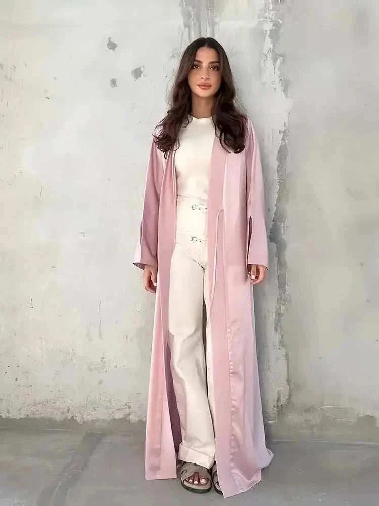 Pearl Satin Abaya – Luxury Open Butterfly Pearl Satin Maxi -  Purple -  Abaya Vida