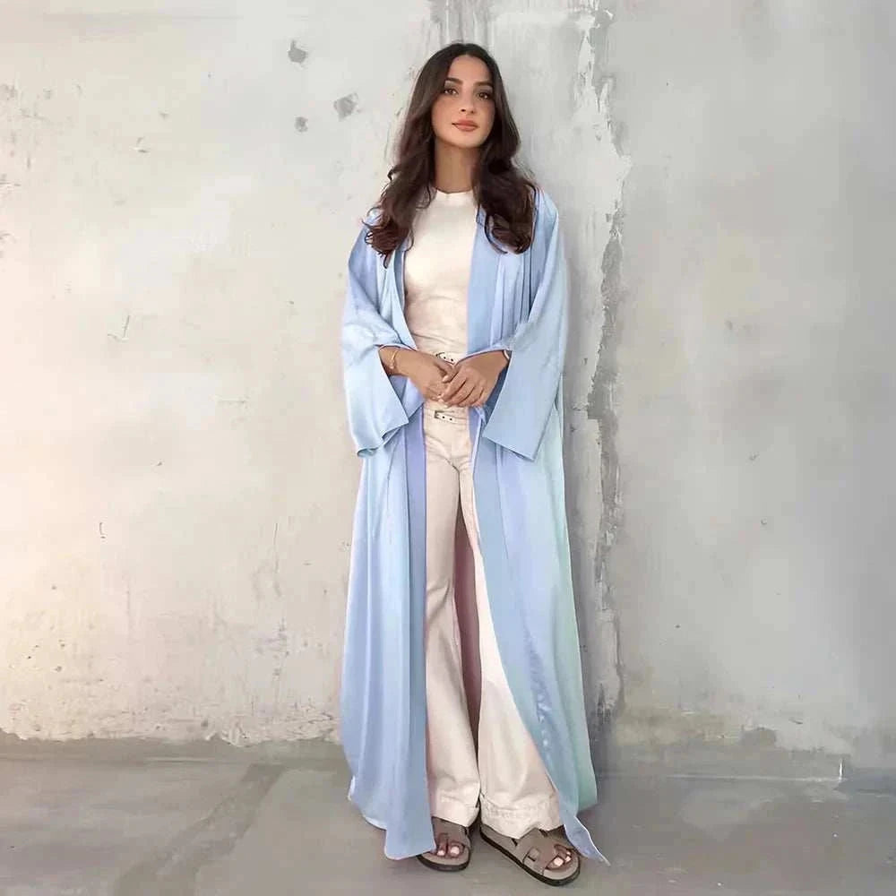 Pearl Satin Abaya – Luxury Open Butterfly Pearl Satin Maxi -  Purple -  Abaya Vida