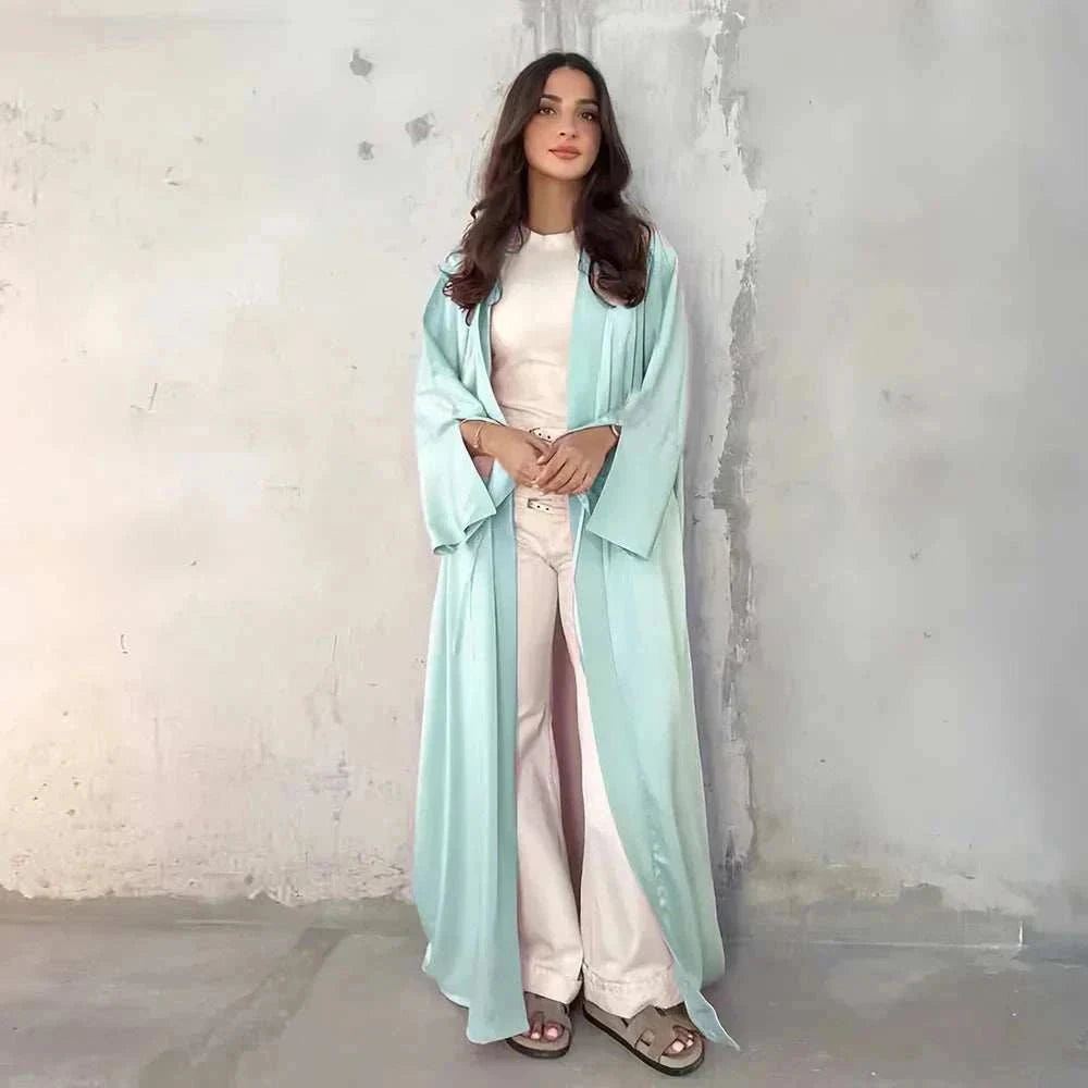 Pearl Satin Abaya – Luxury Open Butterfly Pearl Satin Maxi -  Purple -  Abaya Vida