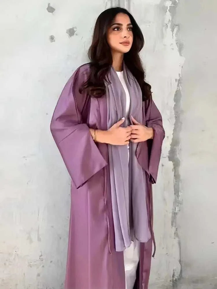 Pearl Satin Abaya – Luxury Open Butterfly Pearl Satin Maxi -  Purple -  Abaya Vida