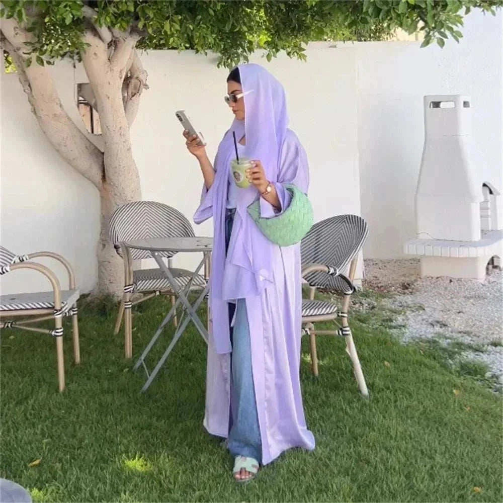 Pearl Satin Abaya – Luxury Open Butterfly Pearl Satin Maxi -  Purple -  Abaya Vida
