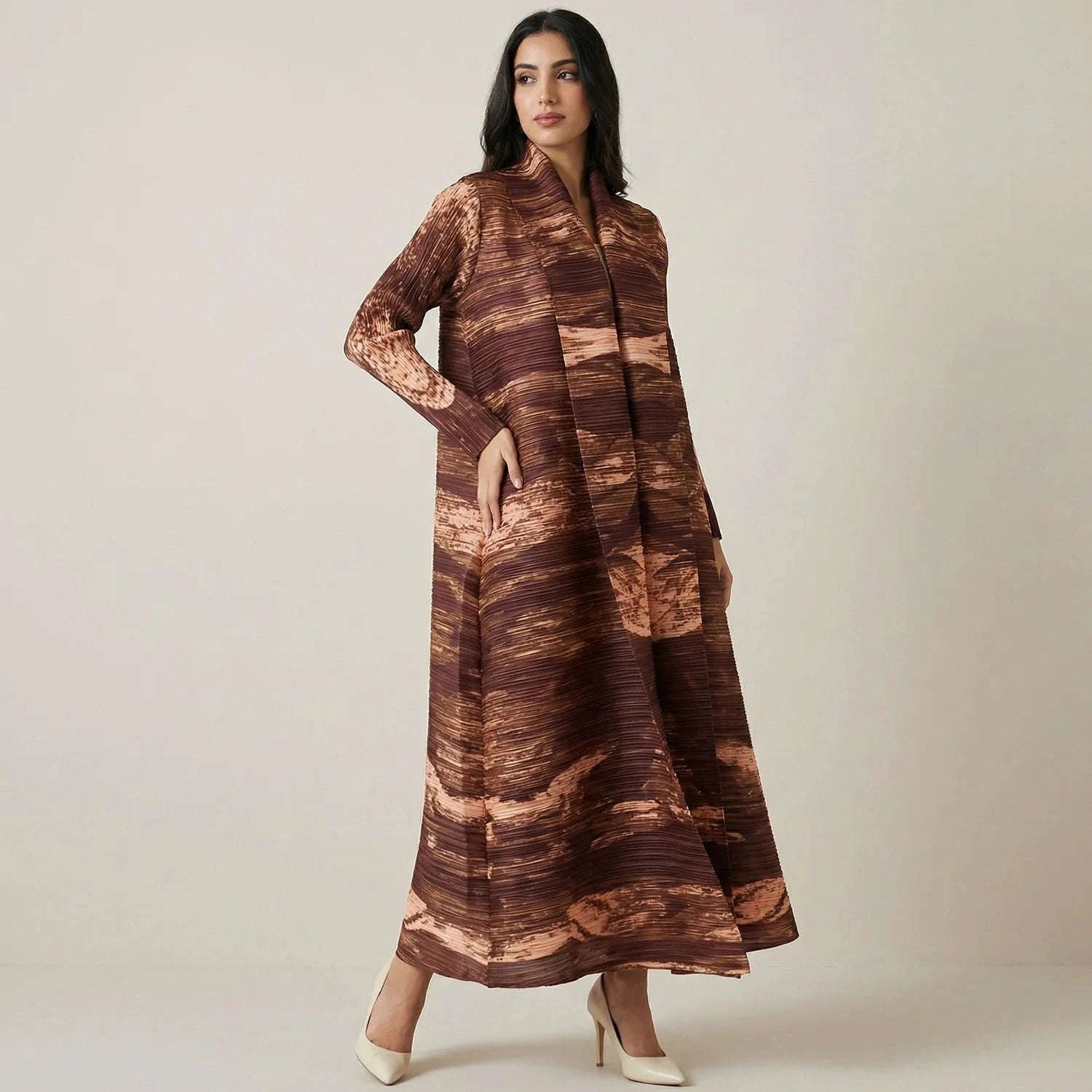 Pleated Stand Collar Abaya – Chic Open Front Robe -  Default Title -  Abaya Vida