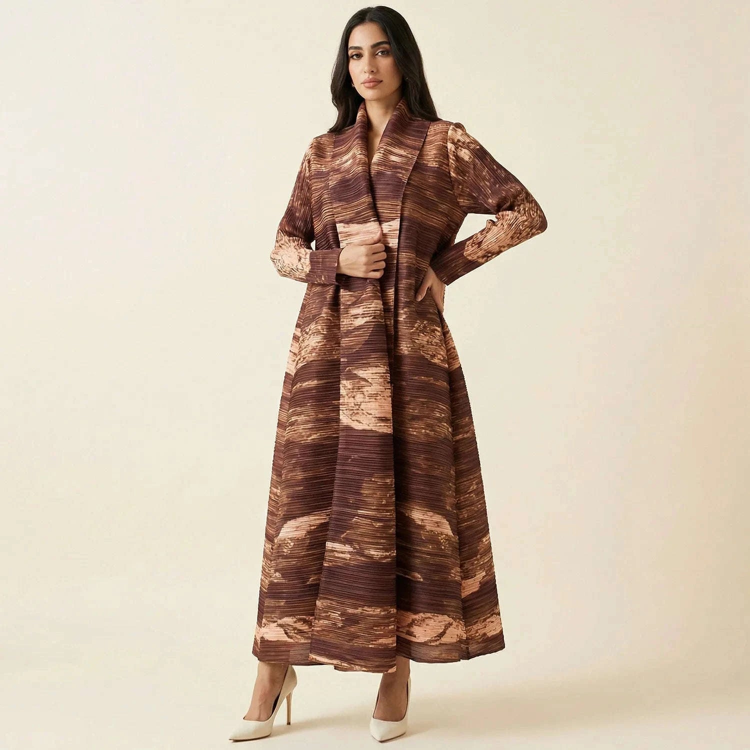 Pleated Stand Collar Abaya – Chic Open Front Robe -  Default Title -  Abaya Vida