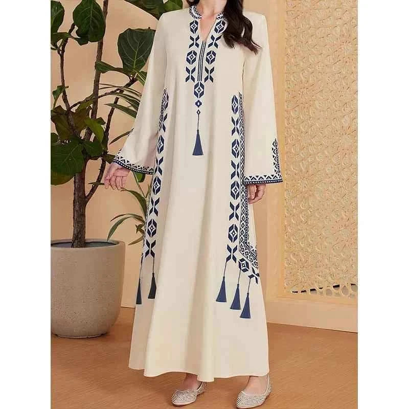 Polyester Printed Kaftan Abaya for Eid – V-Neck Closed Maxi -  White / S -  Abaya Vida