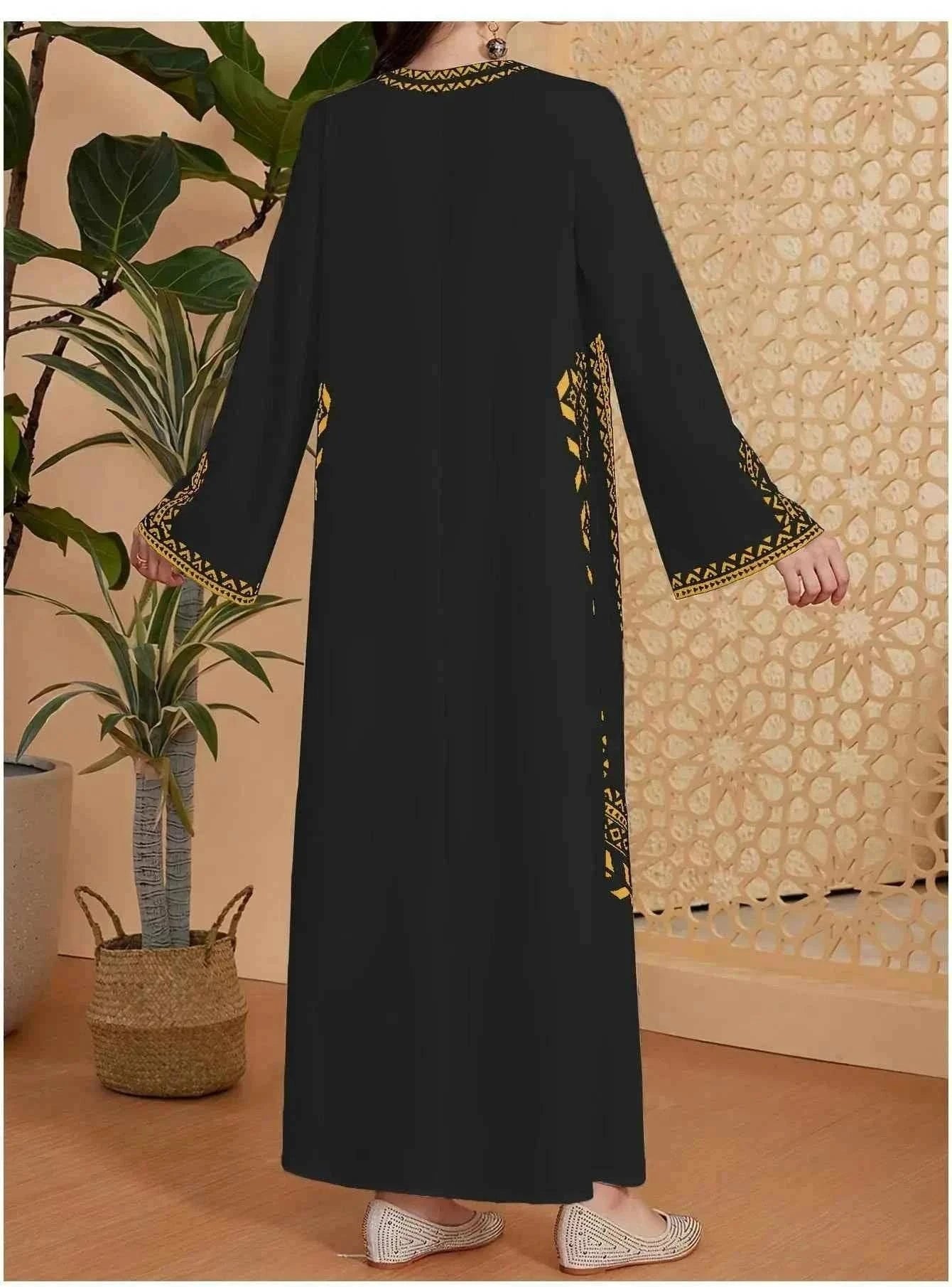 Polyester Printed Kaftan Abaya for Eid – V-Neck Closed Maxi -  White / S -  Abaya Vida