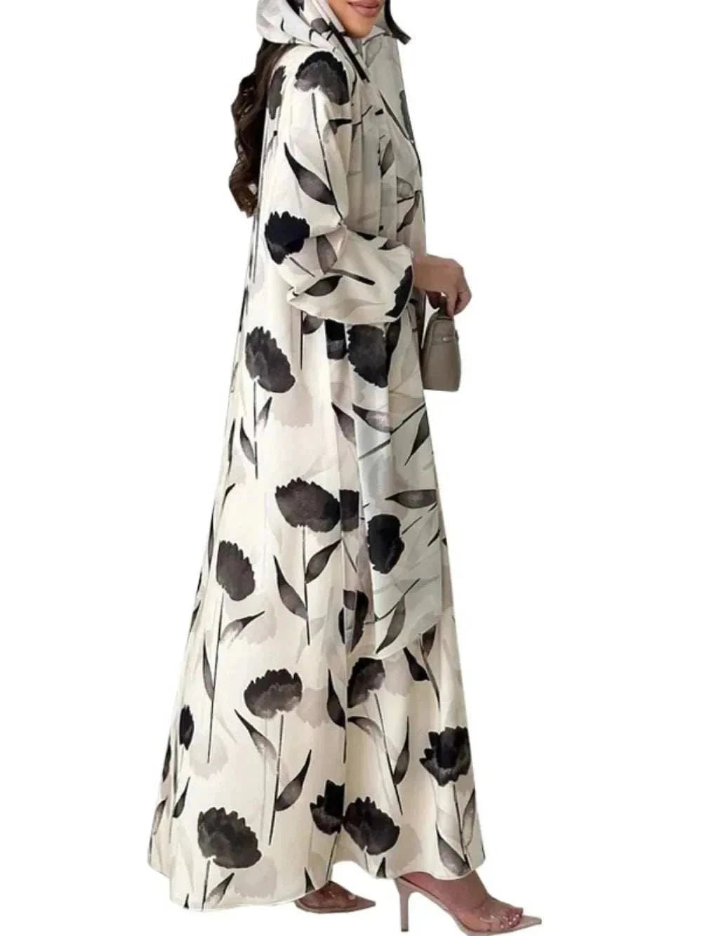 Printed Chiffon Abaya Set – Open Front with Matching Scarf -  S -  Abaya Vida