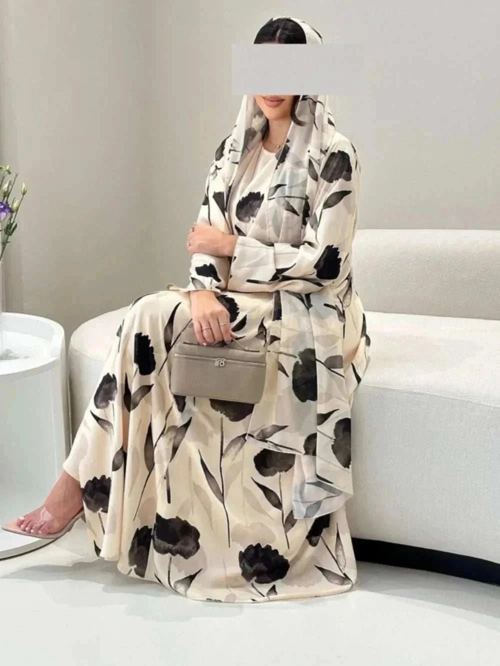 Printed Chiffon Abaya Set – Open Front with Matching Scarf -  S -  Abaya Vida