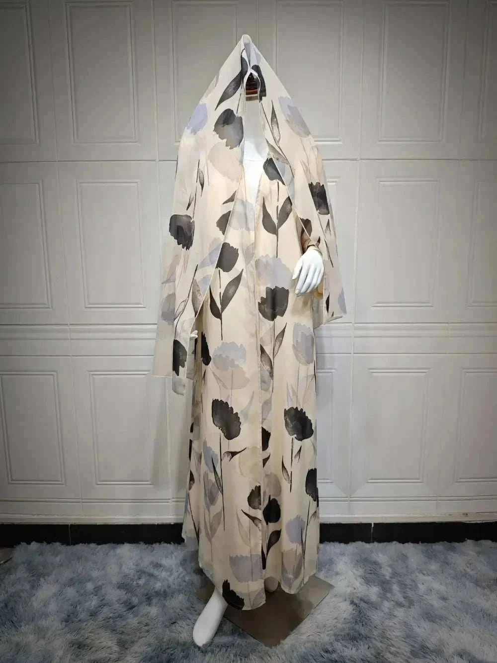 Printed Chiffon Abaya Set – Open Front with Matching Scarf -  S -  Abaya Vida