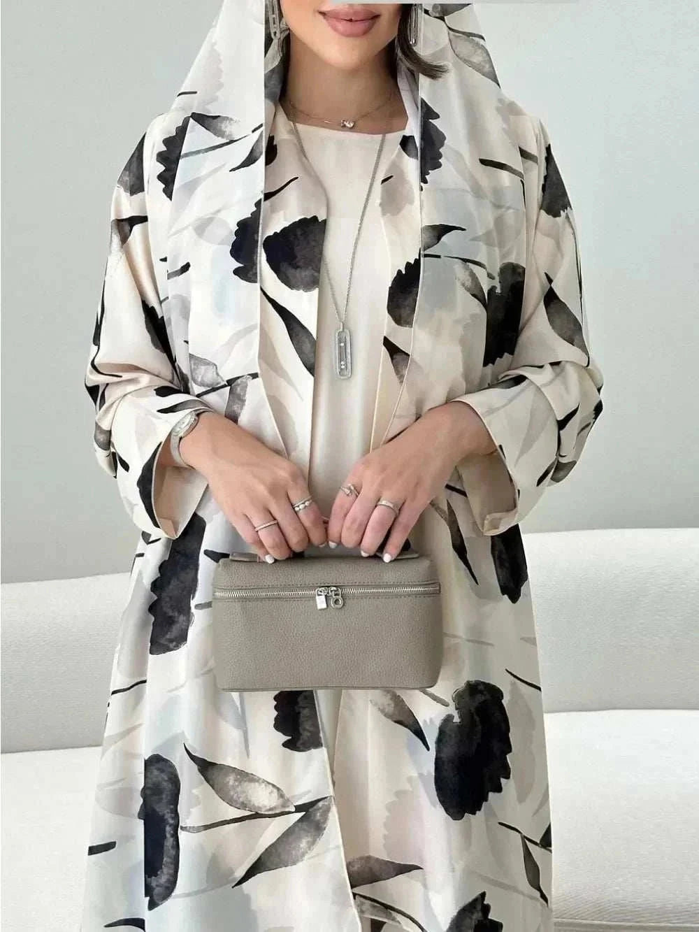 Printed Chiffon Abaya Set – Open Front with Matching Scarf -  S -  Abaya Vida