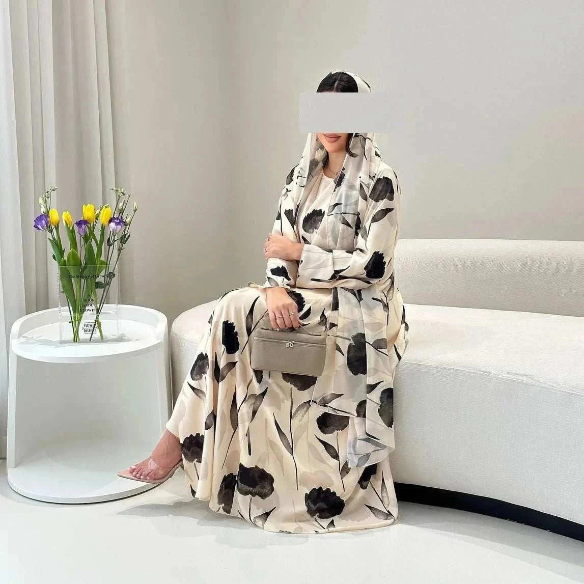 Printed Chiffon Abaya Set – Open Front with Matching Scarf -  S -  Abaya Vida