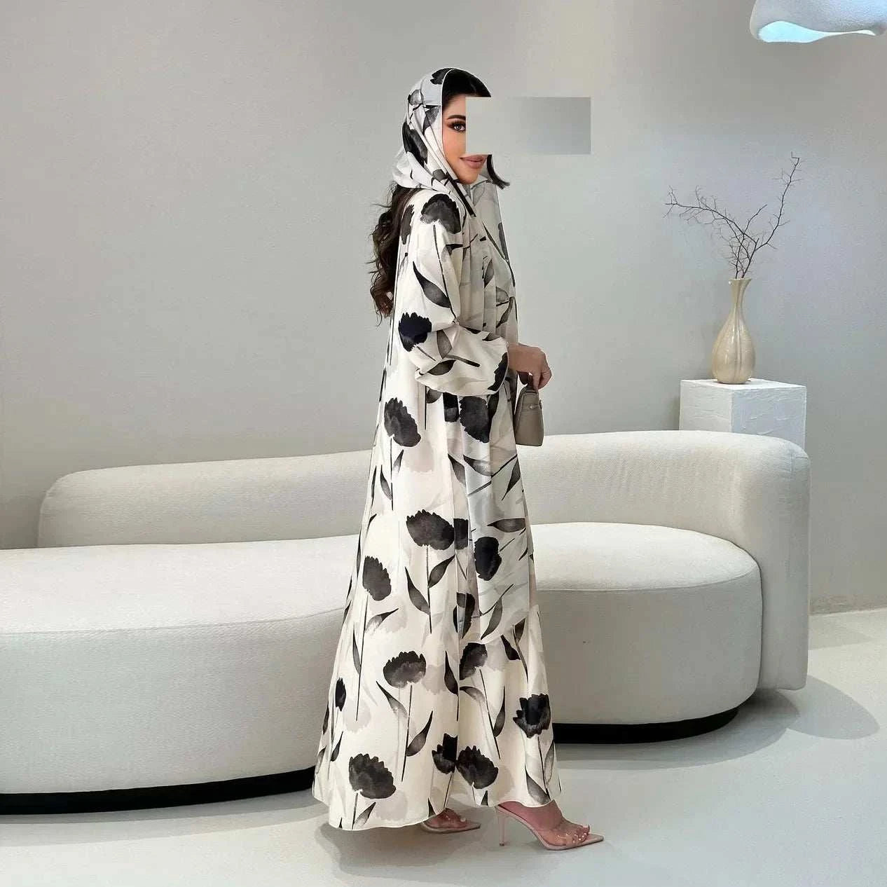 Printed Chiffon Abaya Set – Open Front with Matching Scarf -  S -  Abaya Vida