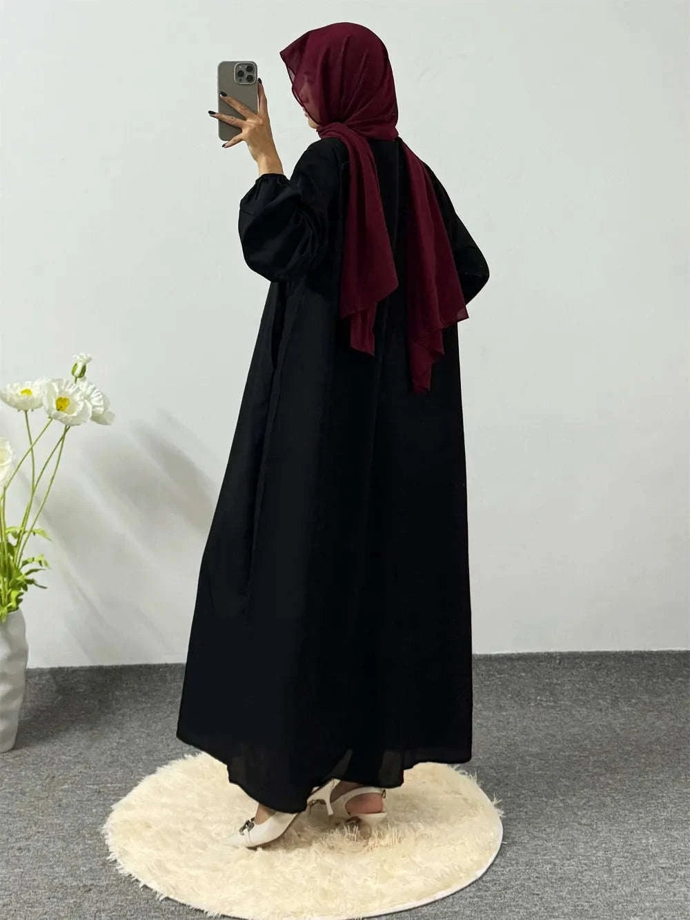 Printed Floral Maxi Prayer Dress – Side Pocket Robe -  Dark Green -  Abaya Vida