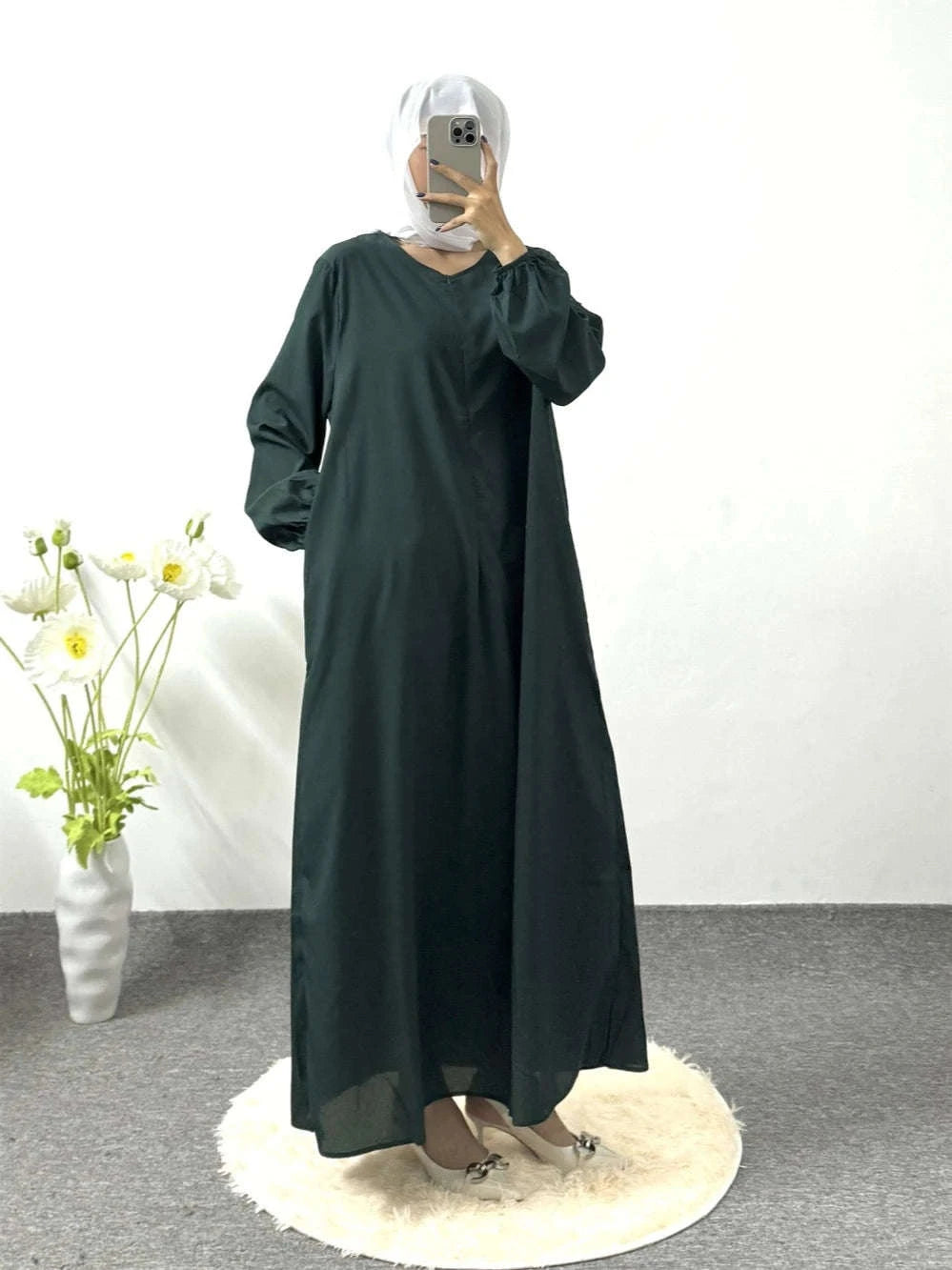 Printed Floral Maxi Prayer Dress – Side Pocket Robe -  Dark Green -  Abaya Vida