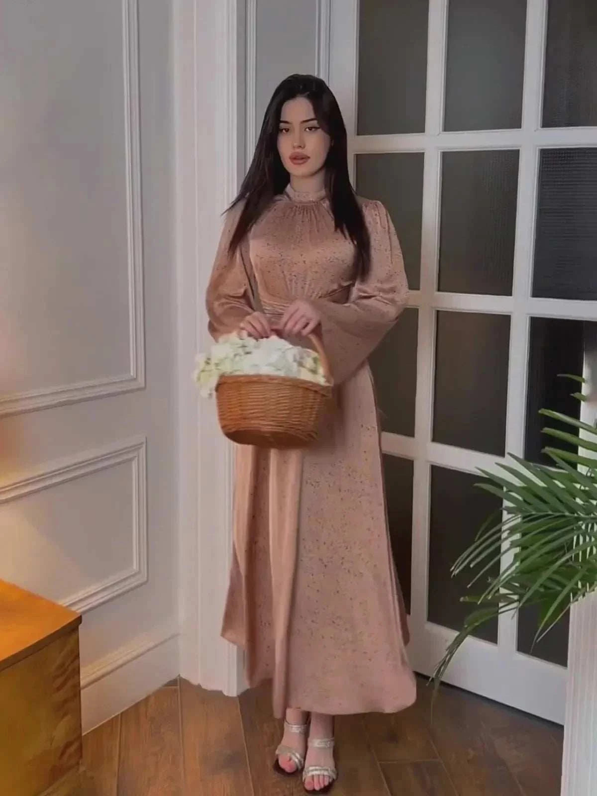 Printed Satin Lace Abaya – Elegant Satin Lace Party Abaya -  Caramel / S -  Abaya Vida