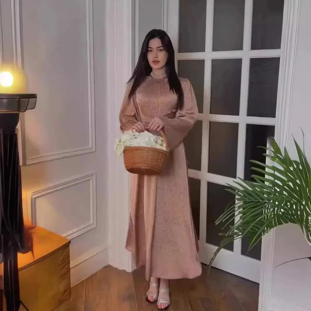 Printed Satin Lace Abaya – Elegant Satin Lace Party Abaya -  Caramel / S -  Abaya Vida