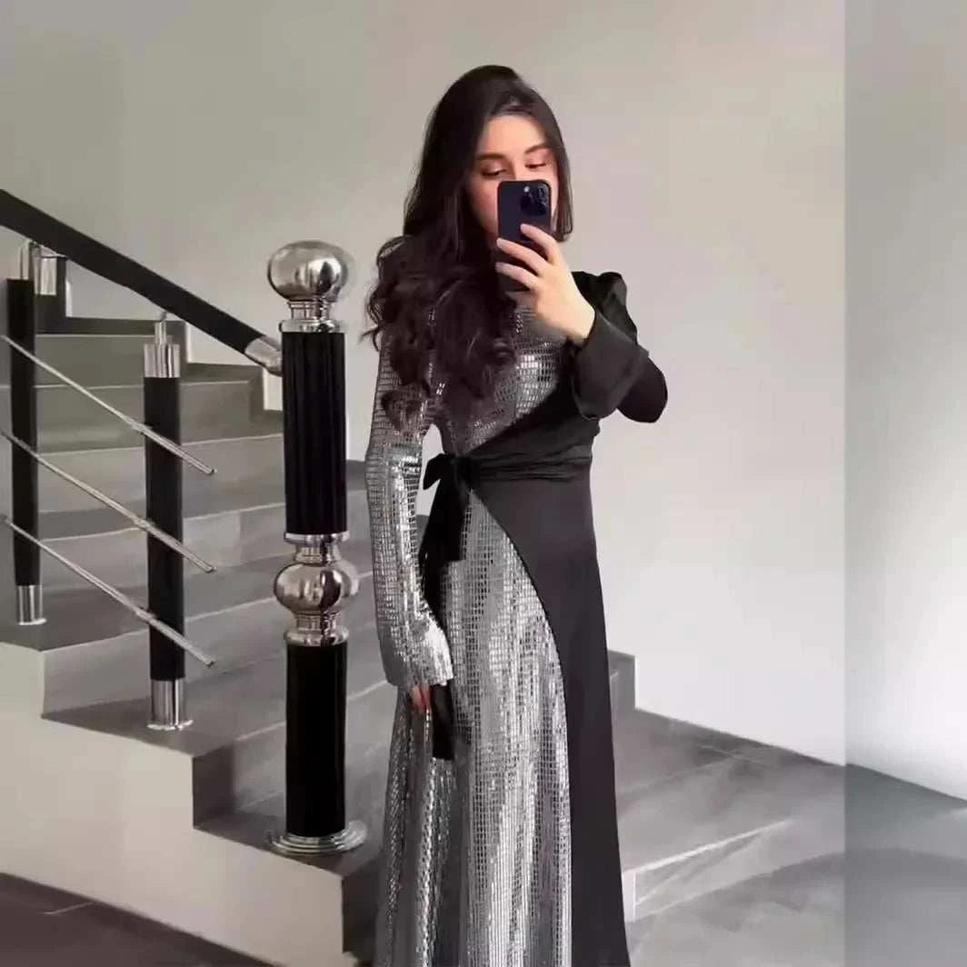 Radiant Sequin High Collar Abaya – Black Stone Work Abaya -  S -  Abaya Vida
