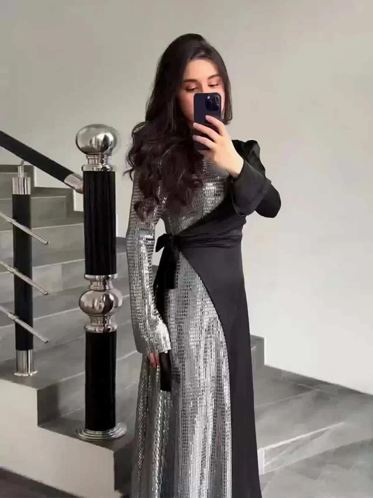 Radiant Sequin High Collar Abaya – Black Stone Work Abaya -  S -  Abaya Vida